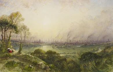 Manchester sett fra Kersal Moor, med landlige skikkelser og geiter